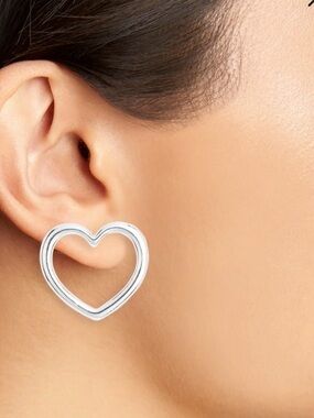 Silver Tone Heart Outline Stud Earrings - Women Jewelry